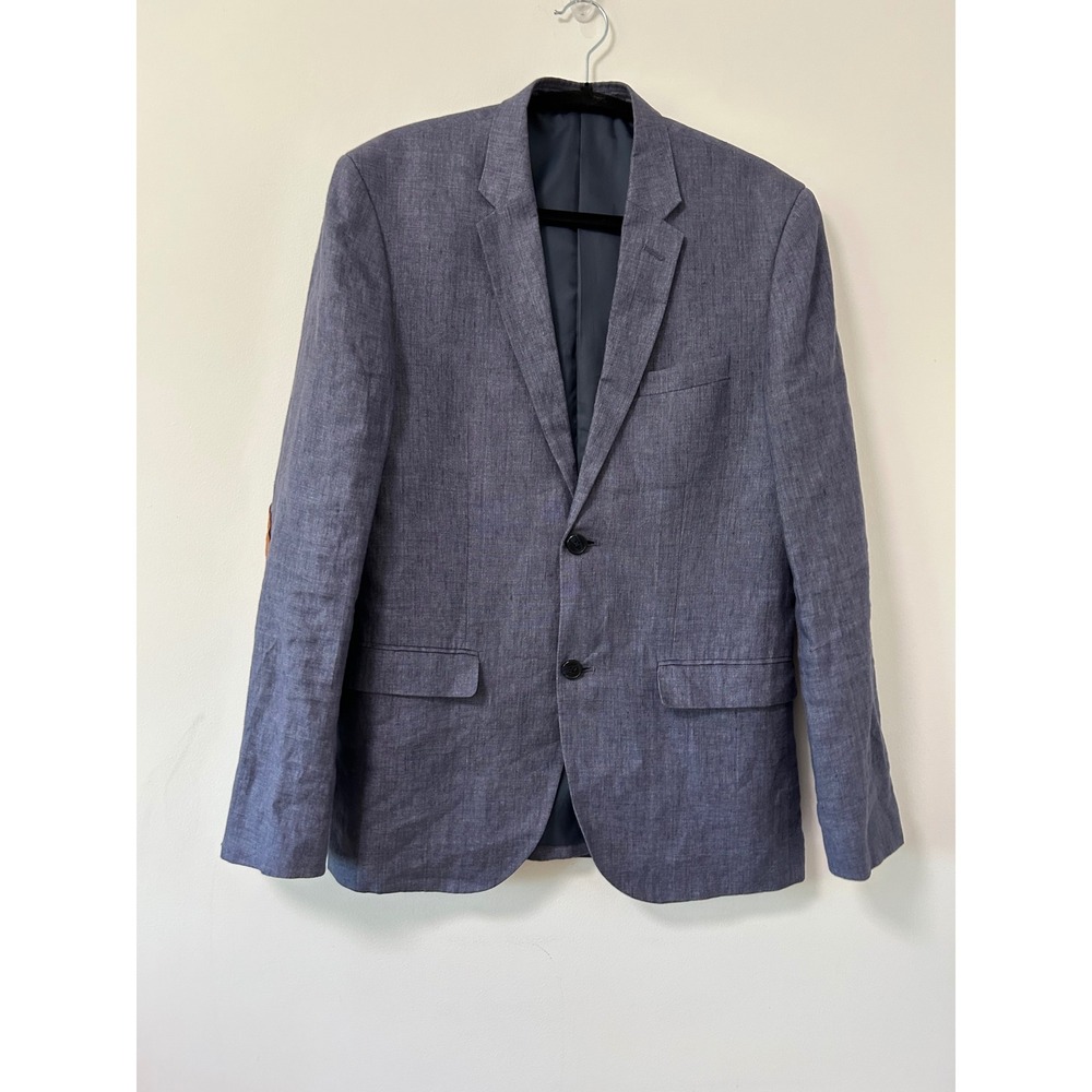 HM Mens Blue 100% Linen Slim Fit Blazer Sport Coat Elbow Patches 38R